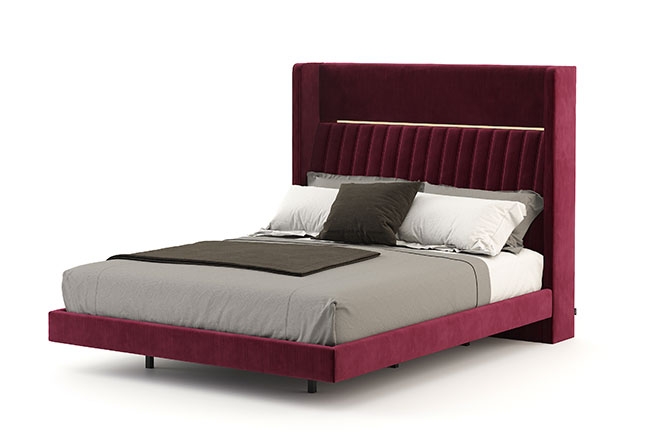 DOMKAPA  Ideal para projetos de alto padrão, a cama Bardot possui design sofisticado e confortável. Com opções de personalização, aposta no veludo e em detalhes em aço inoxidável polido dourado para garantir sofisticação
